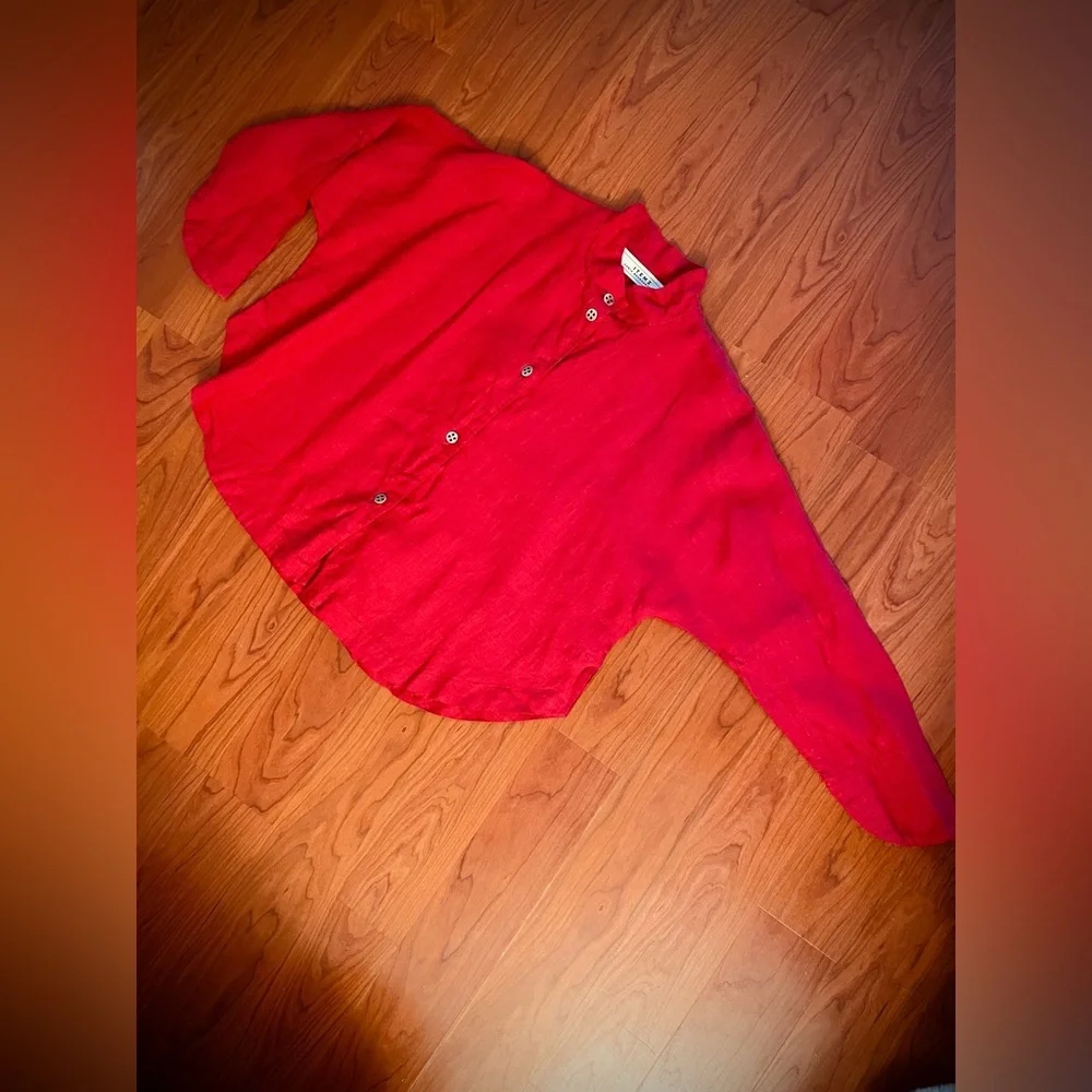 Itemz Chris Baumgartner 100% Linen Top Lagenlook Red Crop Dolman Slv USA OS FLAW - Picture 12 of 16